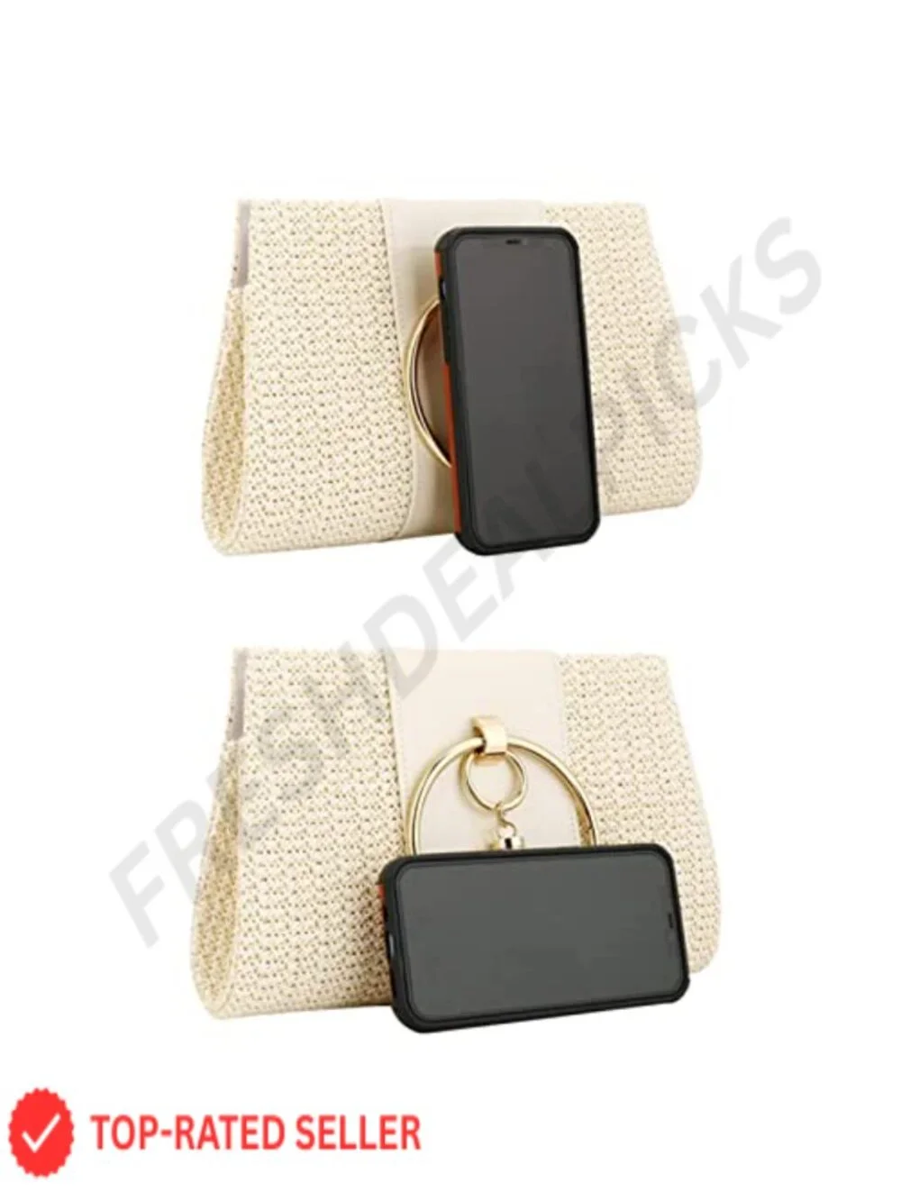 Women's Straw Evening Clutch, Woven Tassel Purse, Ring Handle Party Bag